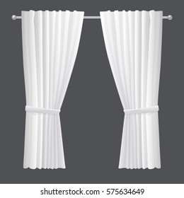 Vector white symmetric opened curtains isolated on grey background