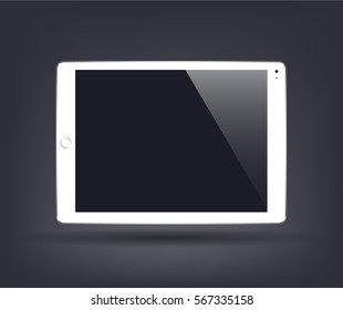 Vector white tablet computer with blank screen isolated on black background. Realistic Illustration. 