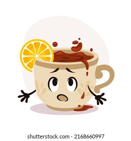Vector white tea cup with hot drink. Tea with lemon piece. Sad cartoon character with print on surface