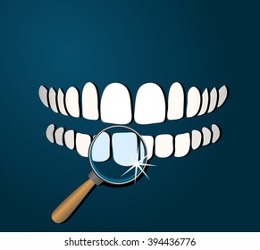 Vector white teeth with magnifier at dark blue background