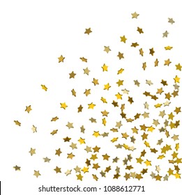 Vector white template with gold stars.  Illustration of flying shiny stars. Decorative element. Bright design pattern. Suitable for your design, cards, invitations, gift, vip.