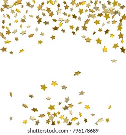 Vector white template with gold stars.  Illustration of flying shiny stars. Decorative element. Bright design pattern. Suitable for your design, cards, invitations, gift, vip.