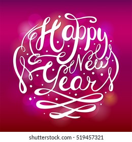 Vector white text on magenta background. Happy New Year lettering for invitation and greeting card, prints and posters. Hand drawn inscription, calligraphic design.
