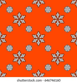 Vector white textile print. Floral tiles. Islamic design. Seamless pattern oriental ornament. White pattern on orange background with white elements.
