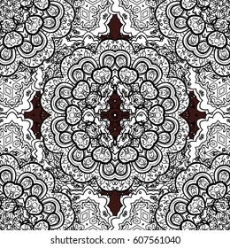 Vector white textile print. White pattern on brown background with white elements. Seamless pattern oriental ornament. Islamic design. Floral tiles.