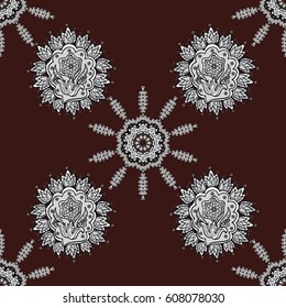 Vector white textile print. Seamless pattern oriental ornament. Floral tiles. Islamic design. Vintage pattern on brown background with white elements.