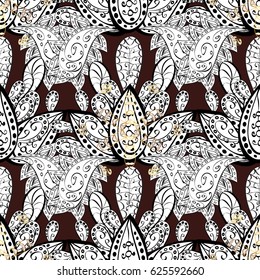 Vector white textile print. Seamless pattern oriental ornament. White pattern on brown background with white elements. Floral tiles. Islamic design.