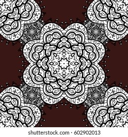 Vector white textile print. Vintage pattern on brown background with white elements. Floral tiles. Seamless pattern oriental ornament. Islamic design.