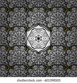 Vector. White texture curls. Pattern on yellow background with white elements. Brilliant lace, stylized flowers, paisley. Openwork delicate white pattern. Oriental style arabesques.