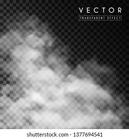 Vector white thick smoke, smog and fog isolated on dark background. Transparent effect