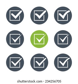Vector white ticks or check marks in square confirmation acceptance positive passed voting agreement true or completion of tasks on a list
