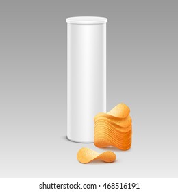 Vector White Tin Box Container Tube for Package Design with Stack of Potato Crispy Chips Close up Isolated on Background