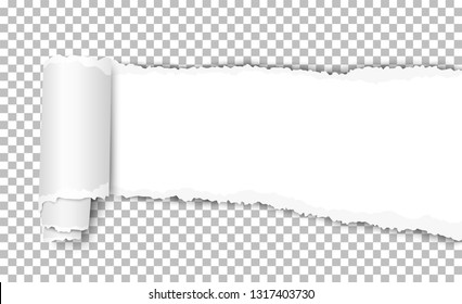 Vector white torn wisp of paper with curl and shadow placed on transparent background