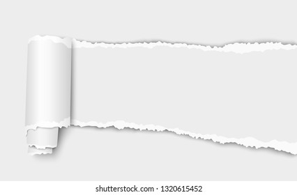 Vector white torn wisp of paper with curl and shadow placed on white background