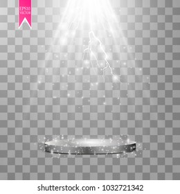 Vector white transparent energy spotlight scene with lightning background. Abstract light effect power modern design. Vector