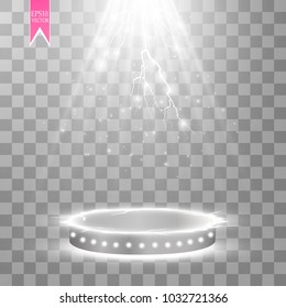 Vector white transparent energy spotlight scene with lightning background. Abstract light effect power modern design. Vector
