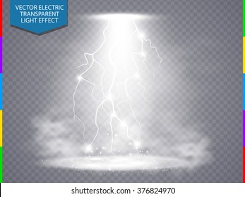 Image vectorielle scène d'éclairage à l'énergie transparente et blanche avec éclairs et brouillard ou arrière-plan fumée. Effet de lumière abstrait puissance design moderne