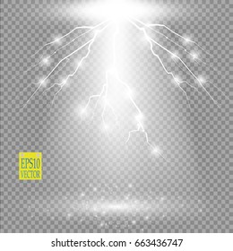 Vector white transparent energy spotlight scene with lightning background. Abstract light effect power modern design