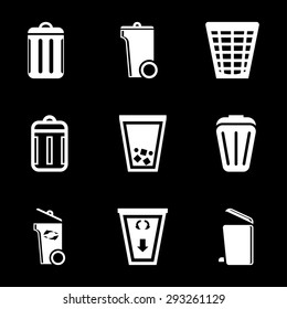 Vector white trash can icons set on black background