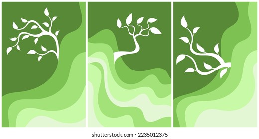 Vector white tree with green waves. Abstract plant.
