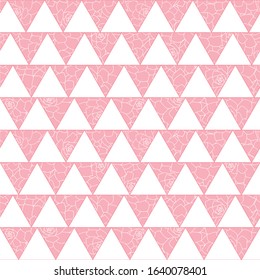 Vector white triangles geometric seamless pattern with pink floral background