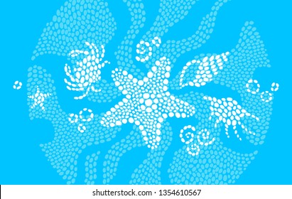 Vector white tropical sea elements, crab and seashells. Marine life. Sea decor for prints,  invitations, greeting cards, decoration for background, web pages design. Maritime illustration.