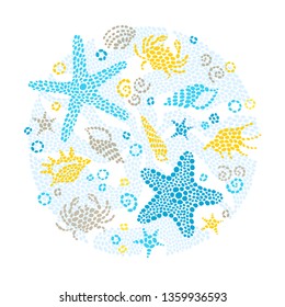 Vector white tropical sea elements, crab and seashells. Marine life. Sea decor for prints, invitations, greeting cards, decoration for background, web pages design. Maritime illustration.