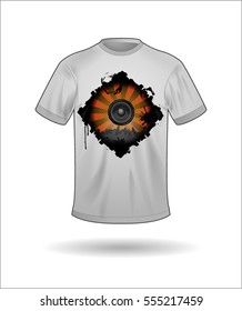 Vector white T-shirt with an abstract pattern on the chest having seen in grunge style with the image of the speaker, the city silhouette