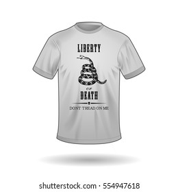 Vector white T-shirt with the image of black as a rattlesnake coiled and the inscription Don't Tread On Me on and the inscription Liberty or Death the black background