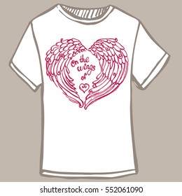 Vector white t-shirt with red hand-drawn heart with wings of love heart. Valentine day print