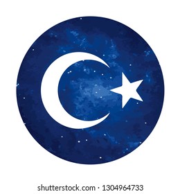 Vector. White Turkish logo, symbol moon with a star on a cosmic background. The phase of the moon. Simple template, stylization
