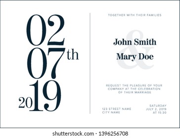 Invitación de bodas de vectores de tipografía blanca con grandes números