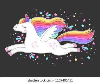 Vector white unicorn with rainbow hair and stars. Print for t-shirts,  fashion kids, baby shower and bags