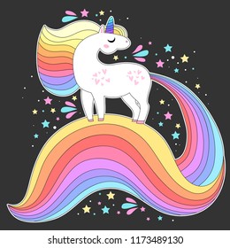 Vector white unicorn with rainbow hair and stars. Print for t-shirts,  fashion kids, baby shower and bags