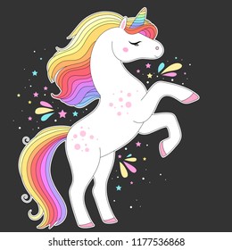 Vector white unicorn with rainbow hair and stars. Print for t-shirts,  fashion kids, baby shower and bags