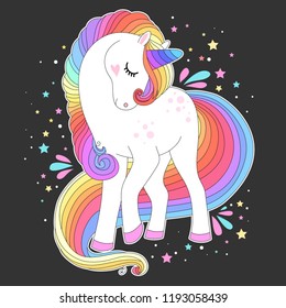 Vector white unicorn with rainbow hair and stars. Print for t-shirts,  fashion kids, baby shower and bags