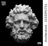 Vector white vertical line halftone mode illustration of classical head sculpture of bearded old man from 3d rendering isolated on black background. 