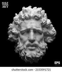 Vector white vertical line halftone mode illustration of classical head sculpture of bearded old man from 3d rendering isolated on black background. 
