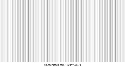Vector white vertical lines metal wall texture. Roofing corrugated zinc board background. Striped gray geometric iron floor tile. Metallic silver siding seamless pattern. Grey plastic linear backdrop