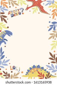 Vector white vertical postcard with a multi-colored frame of leaves, diplodocus, stegosaurus and pterodactyl, as well as the words "Angry Dino?" and "lol)"