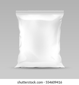 Vector White Vertical Sealed Empty Plastic Foil Bag for Package Design with Serrated Edge Close up Isolated on Background