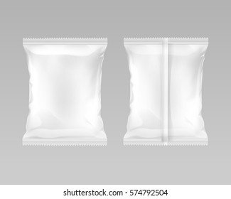 Vector White Vertical Sealed Empty Plastic Foil Bag for Package Design Back Serrated Edges Front View Close up Isolated Background