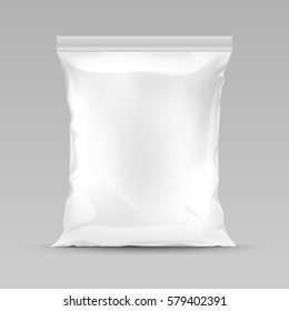 Vector White Vertical Sealed Empty Plastic Foil Bag for Package Design with Smooth Edges Close up Isolated on Background