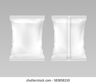 Vector White Vertical Sealed Empty Plastic Foil Bag for Package Design with Smooth Edges Back Front View Close up Isolated Background