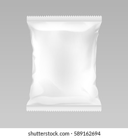 Vector White Vertical Sealed Empty Plastic Foil Bag for Package Design with Serrated Edge Close up Isolated on Background