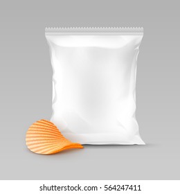 Vector White Vertical Sealed Foil Plastic Bag for Package Design with   Potato Ripple Crispy Chips Close up Isolated on Background