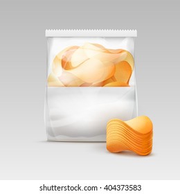 Vector White Vertical Sealed Transparent Plastic Bag for Package Design with Stack of Potato Crispy Chips Close up Isolated on White Background