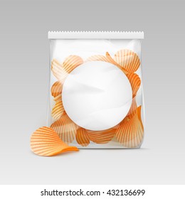 Vector White Vertical Sealed Transparent Plastic Bag for Package Design with Potato Ripple Crispy Chips Close up Isolated on White Background