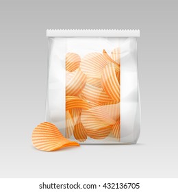Vector White Vertical Sealed Transparent Plastic Bag for Package Design with Potato Ripple Crispy Chips Close up Isolated on White Background