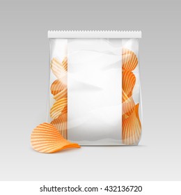Vector White Vertical Sealed Transparent Plastic Bag for Package Design with Potato Ripple Crispy Chips Close up Isolated on White Background